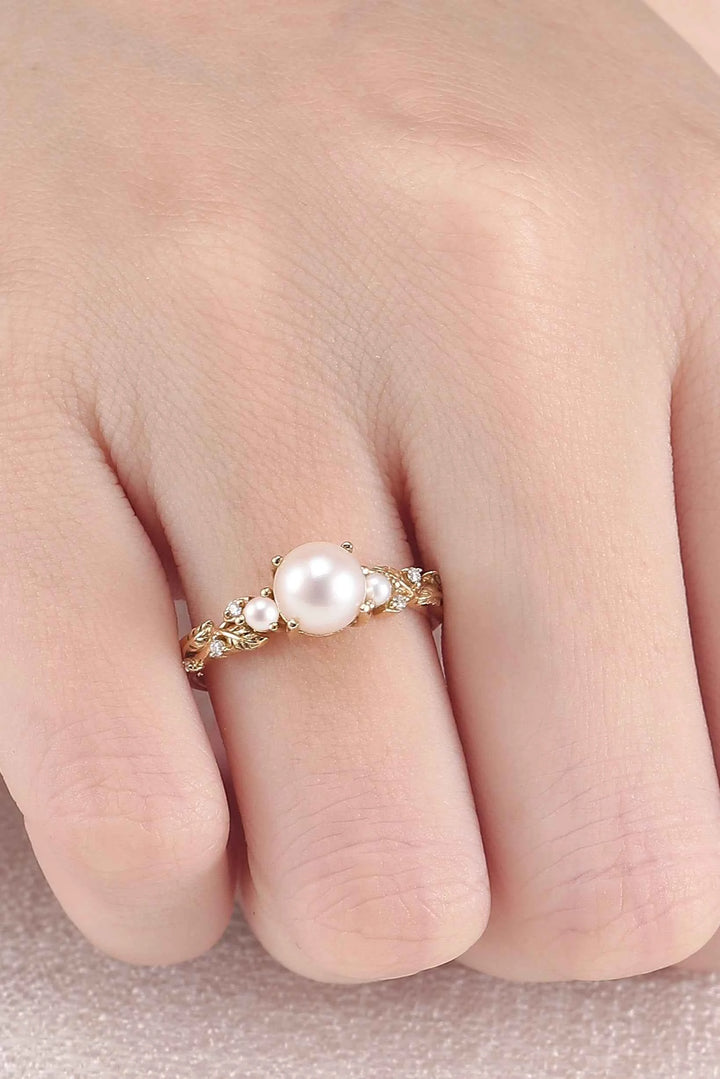 Nature Inspired Akoya Pearl Leafy Engagement Ring