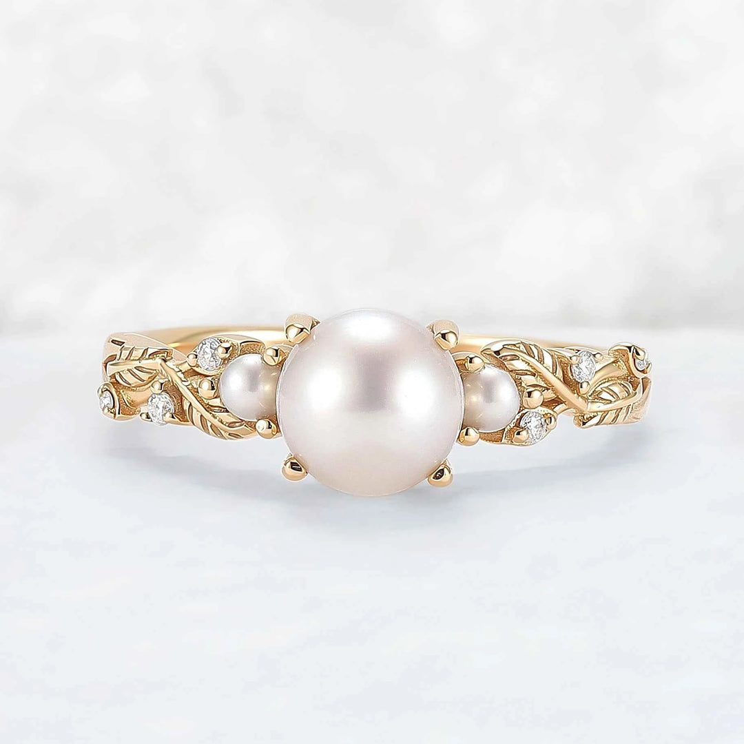 Nature Inspired Akoya Pearl Leafy Engagement Ring
