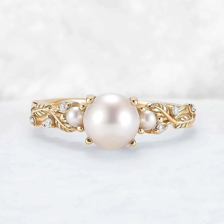 Nature Inspired Akoya Pearl Leafy Engagement Ring