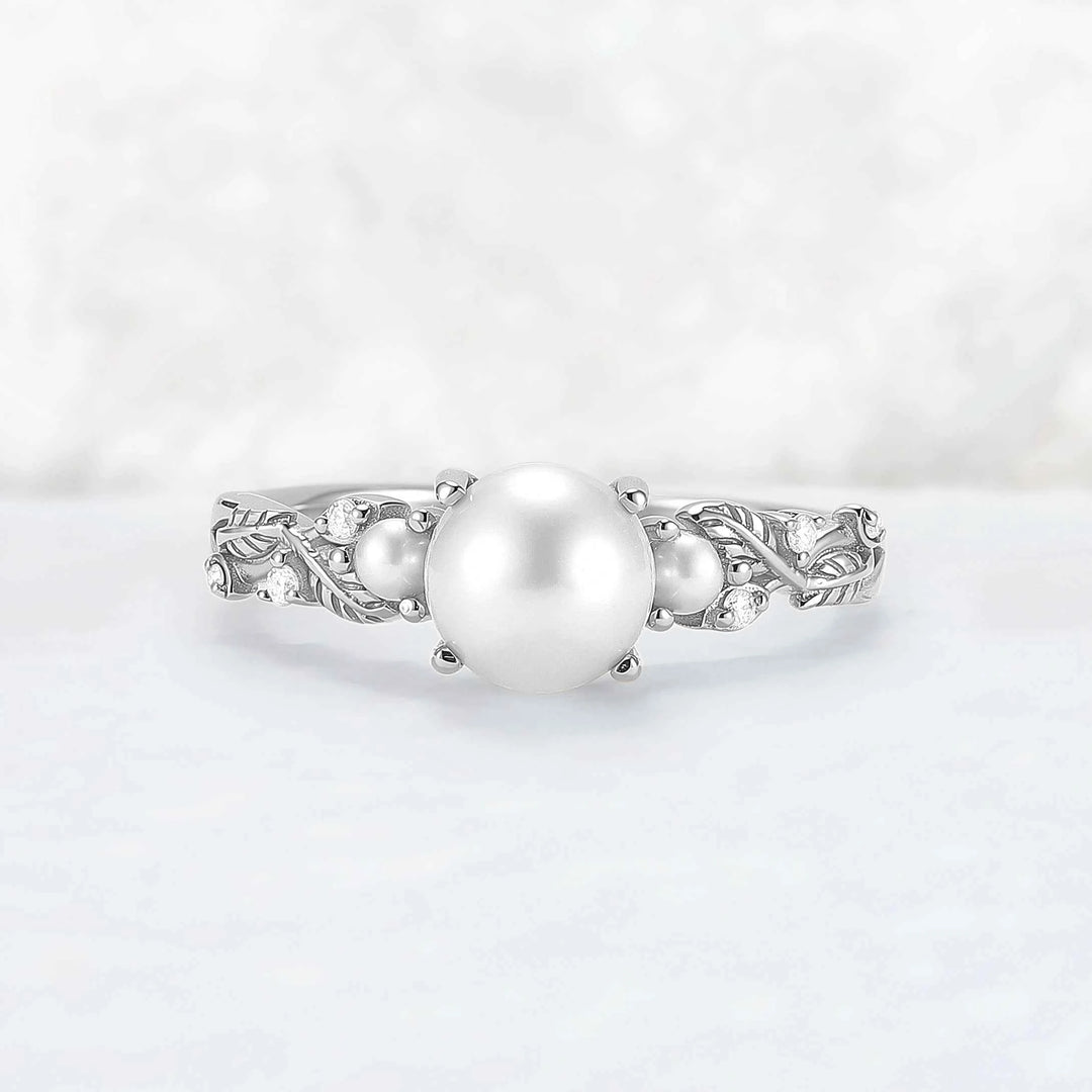 Nature Inspired Akoya Pearl Leafy Engagement Ring