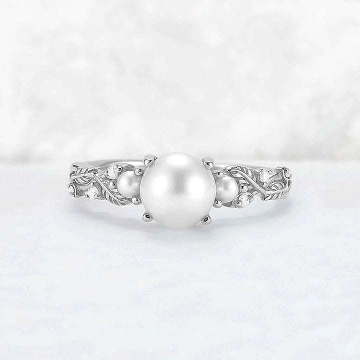 Nature Inspired Akoya Pearl Leafy Engagement Ring