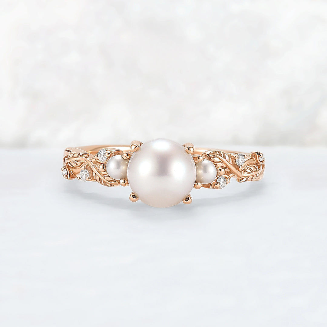 Nature Inspired Akoya Pearl Leafy Engagement Ring