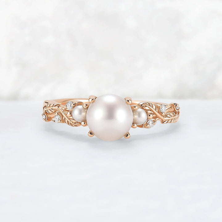 Nature Inspired Akoya Pearl Leafy Engagement Ring