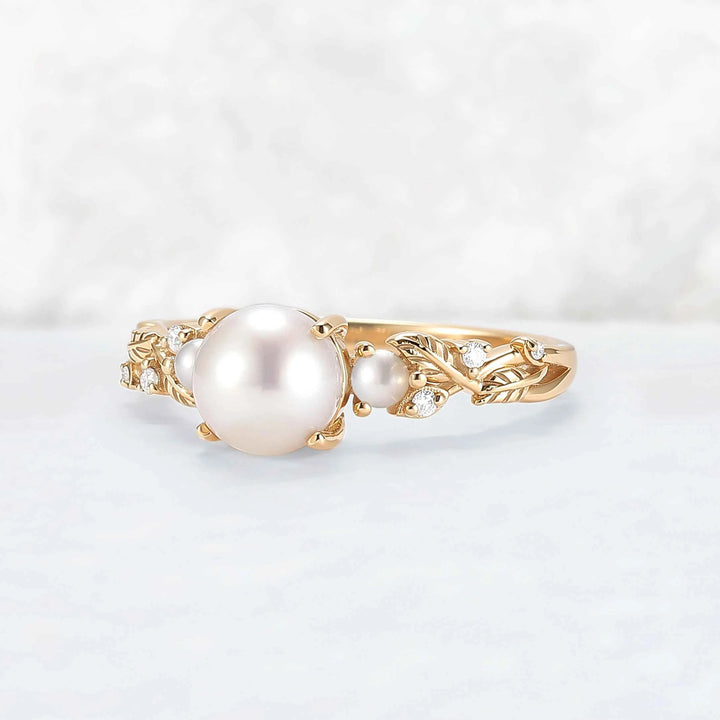 Nature Inspired Akoya Pearl Leafy Engagement Ring