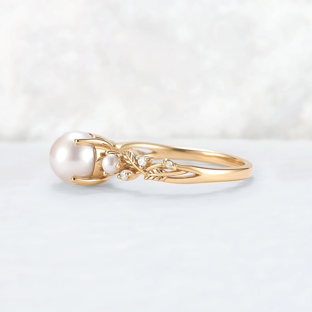 Nature Inspired Akoya Pearl Leafy Engagement Ring