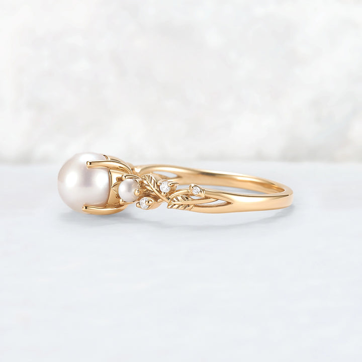 Nature Inspired Akoya Pearl Leafy Engagement Ring