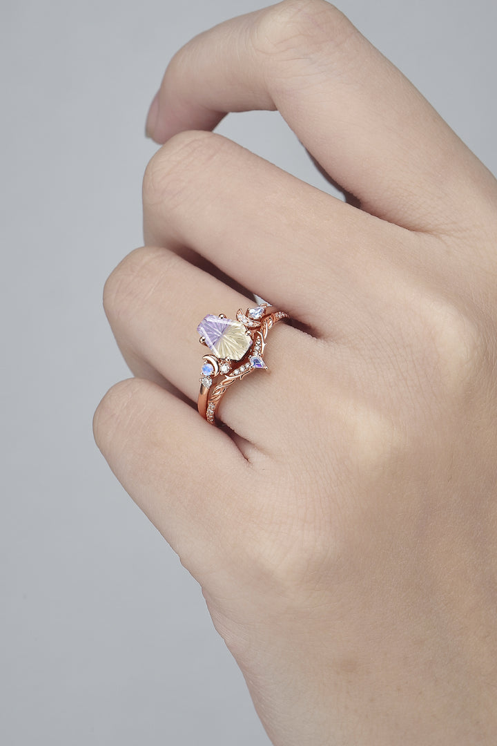 Nature Inspired Coffin Shaped  Starburst Cut Ametrine Gemstone Ring Set 2pcs