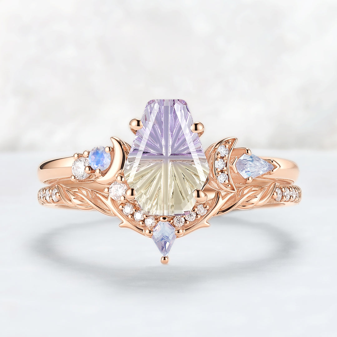 Nature Inspired Coffin Shaped  Starburst Cut Ametrine Gemstone Ring Set 2pcs