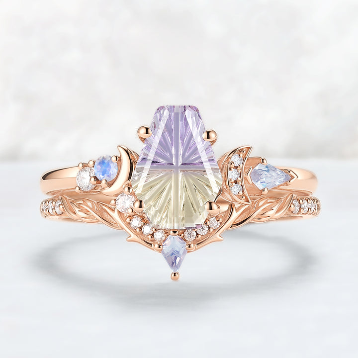 Nature Inspired Coffin Shaped  Starburst Cut Ametrine Gemstone Ring Set 2pcs