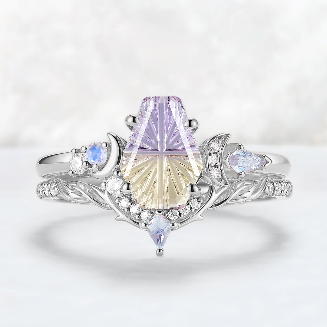 Nature Inspired Coffin Shaped  Starburst Cut Ametrine Gemstone Ring Set 2pcs