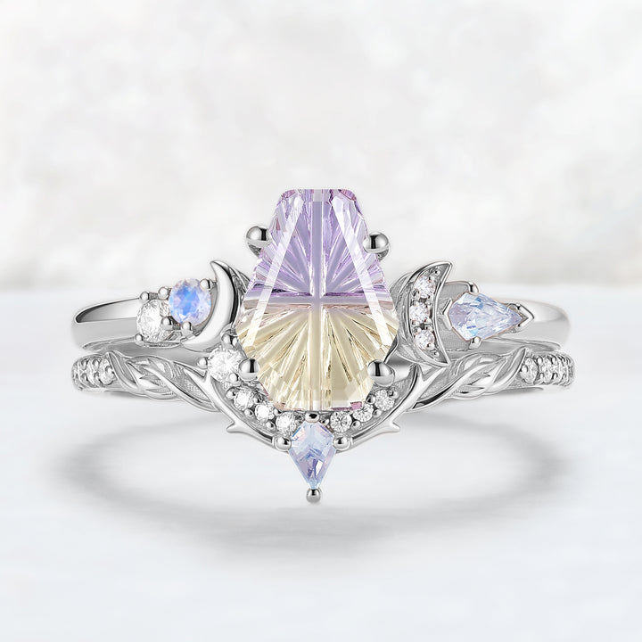 Nature Inspired Coffin Shaped  Starburst Cut Ametrine Gemstone Ring Set 2pcs