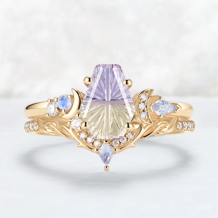 Nature Inspired Coffin Shaped  Starburst Cut Ametrine Gemstone Ring Set 2pcs