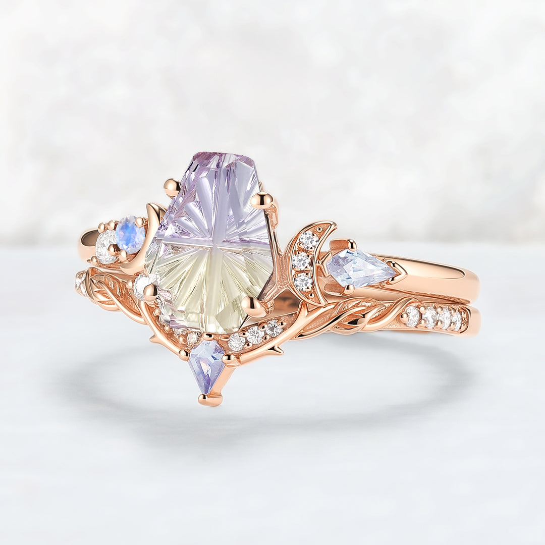 Nature Inspired Coffin Shaped  Starburst Cut Ametrine Gemstone Ring Set 2pcs