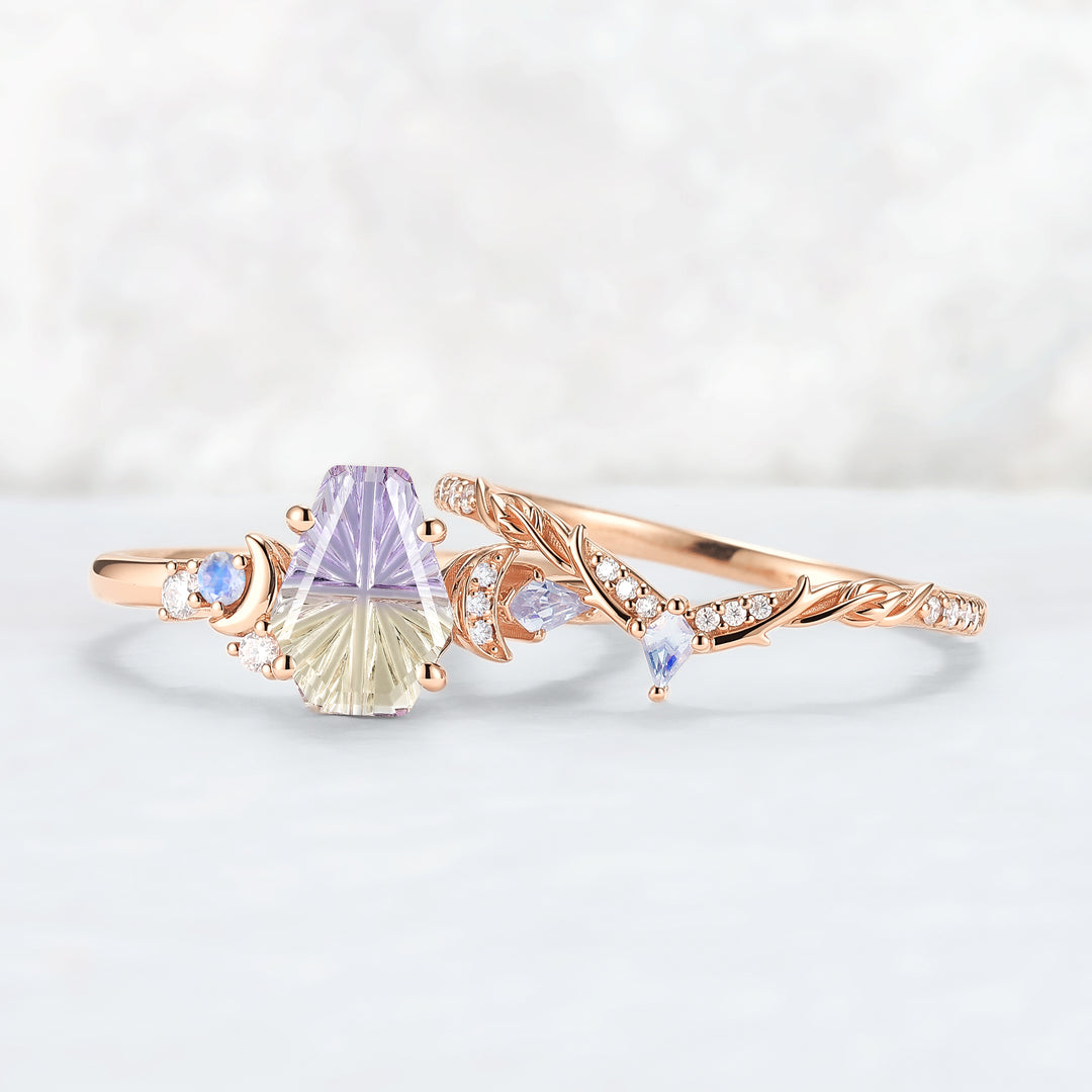 Nature Inspired Coffin Shaped  Starburst Cut Ametrine Gemstone Ring Set 2pcs