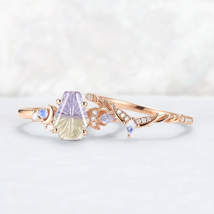 Nature Inspired Coffin Shaped  Starburst Cut Ametrine Gemstone Ring Set 2pcs