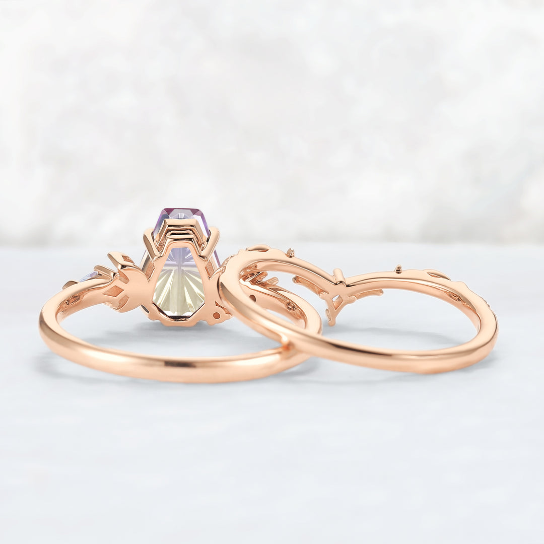 Nature Inspired Coffin Shaped  Starburst Cut Ametrine Gemstone Ring Set 2pcs