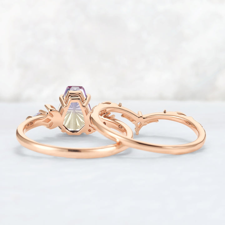 Nature Inspired Coffin Shaped  Starburst Cut Ametrine Gemstone Ring Set 2pcs