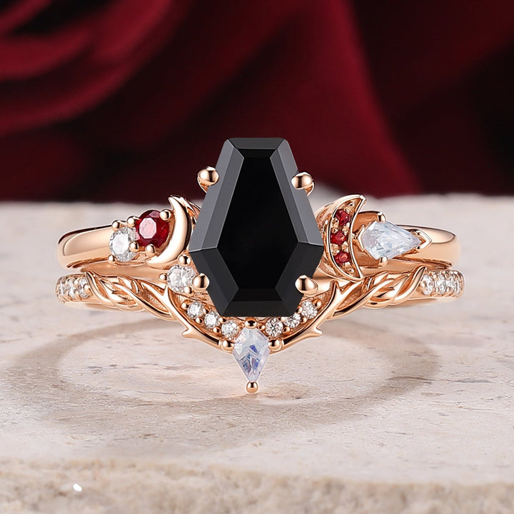 Nature Inspired Coffin Shaped Black Onyx Gemspired Ring Set 2pcs