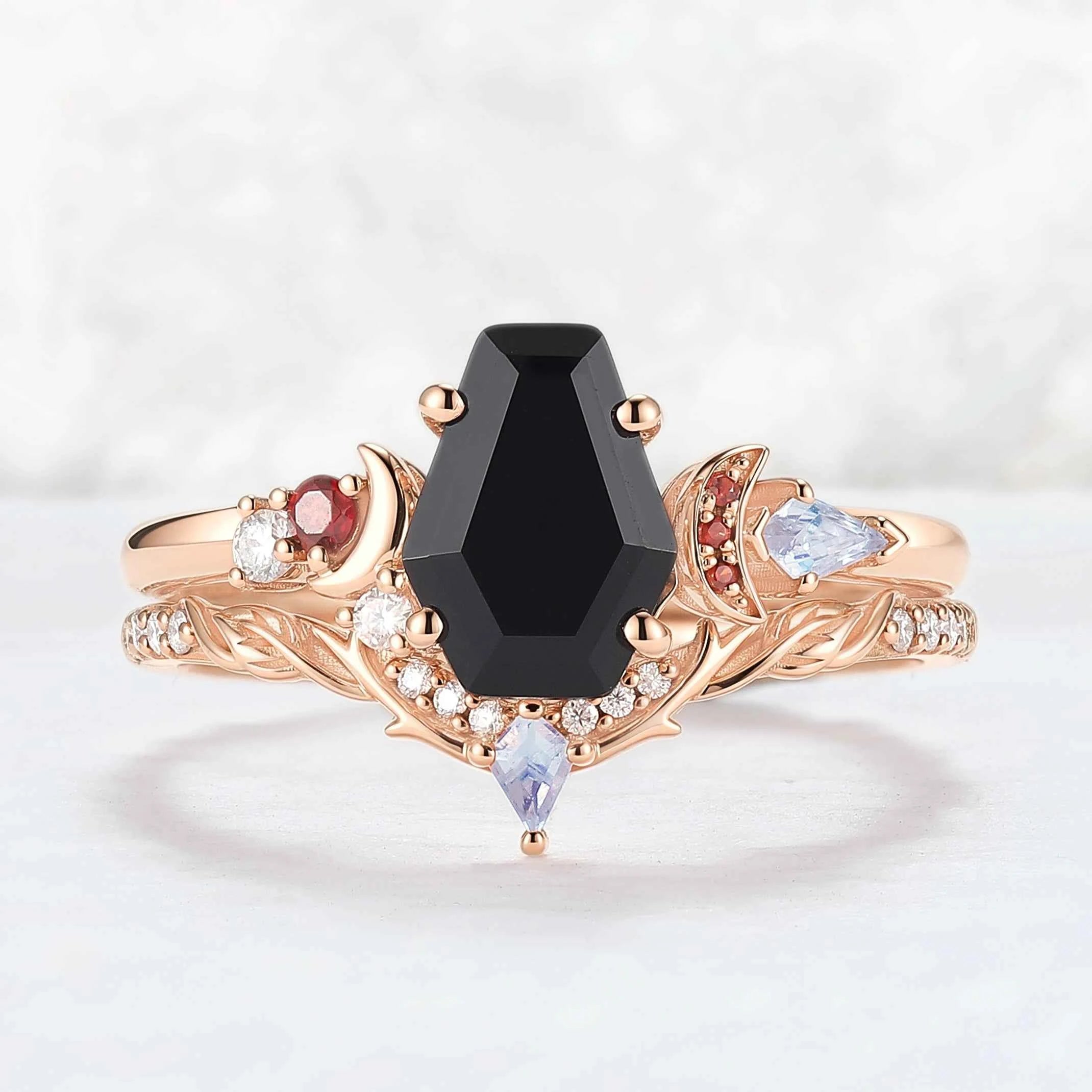 Skull & Skeleton Stud Coffin Cut Garnet Gemstone Ring Set 2pcs