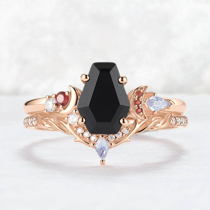 Nature Inspired Coffin Shaped Black Onyx Gemspired Ring Set 2pcs