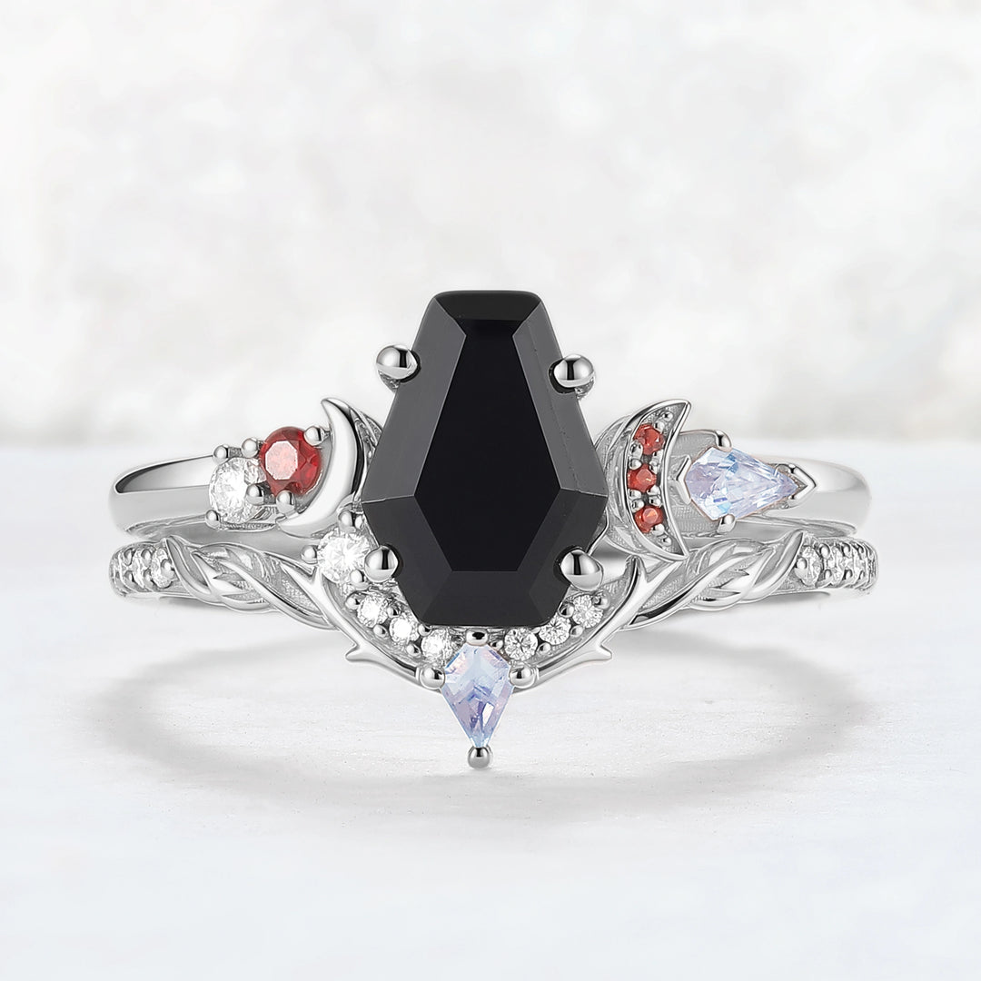 Nature Inspired Coffin Shaped Black Onyx Gemspired Ring Set 2pcs