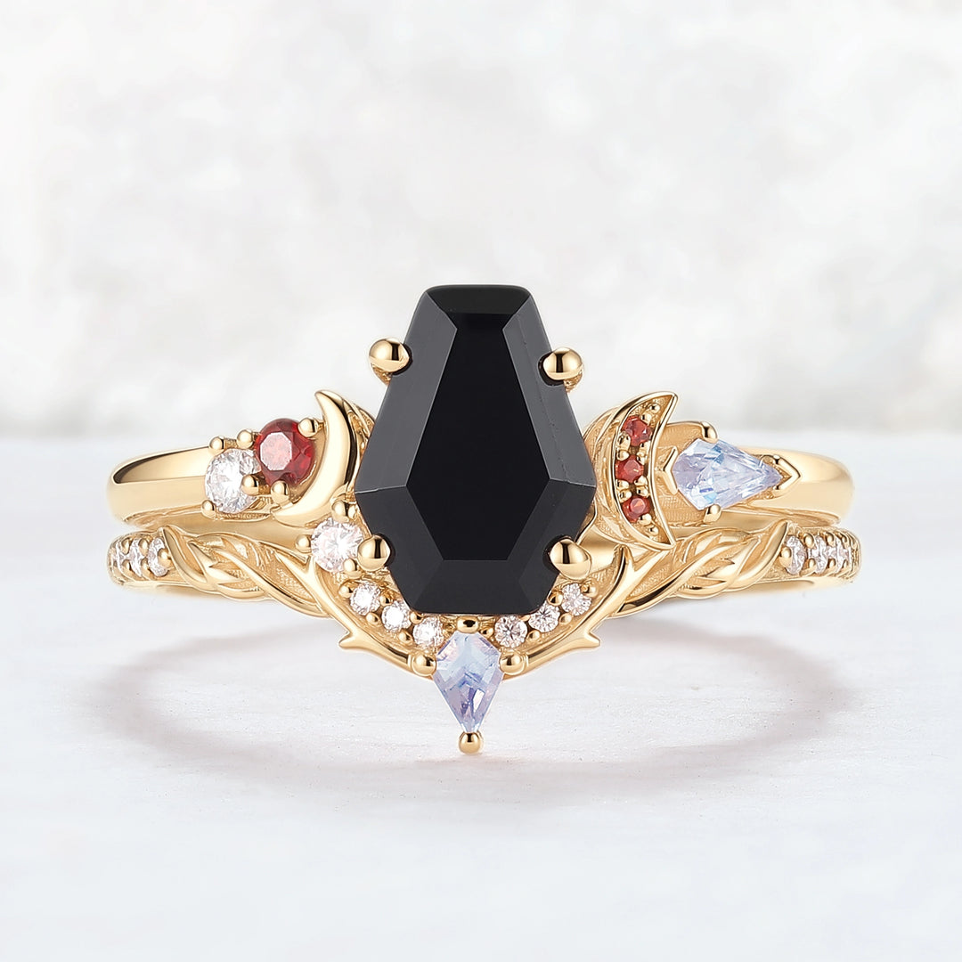 Nature Inspired Coffin Shaped Black Onyx Gemspired Ring Set 2pcs