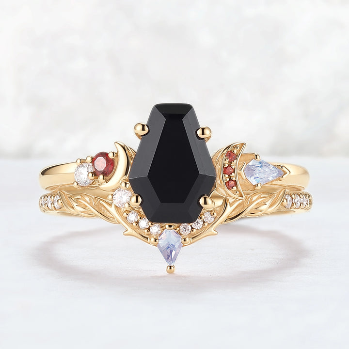 Nature Inspired Coffin Shaped Black Onyx Gemspired Ring Set 2pcs