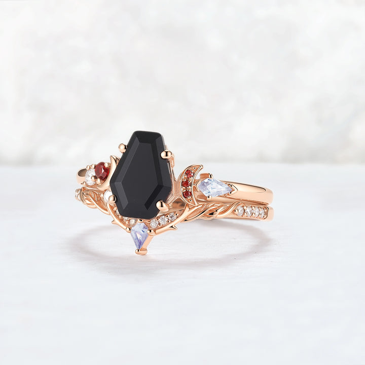 Nature Inspired Coffin Shaped Black Onyx Gemspired Ring Set 2pcs