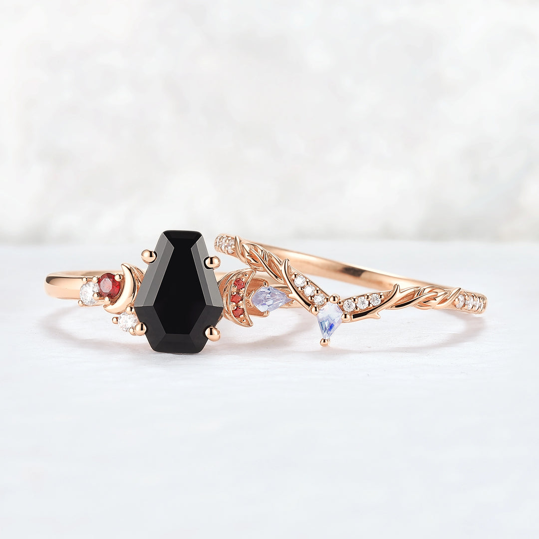 Nature Inspired Coffin Shaped Black Onyx Gemspired Ring Set 2pcs