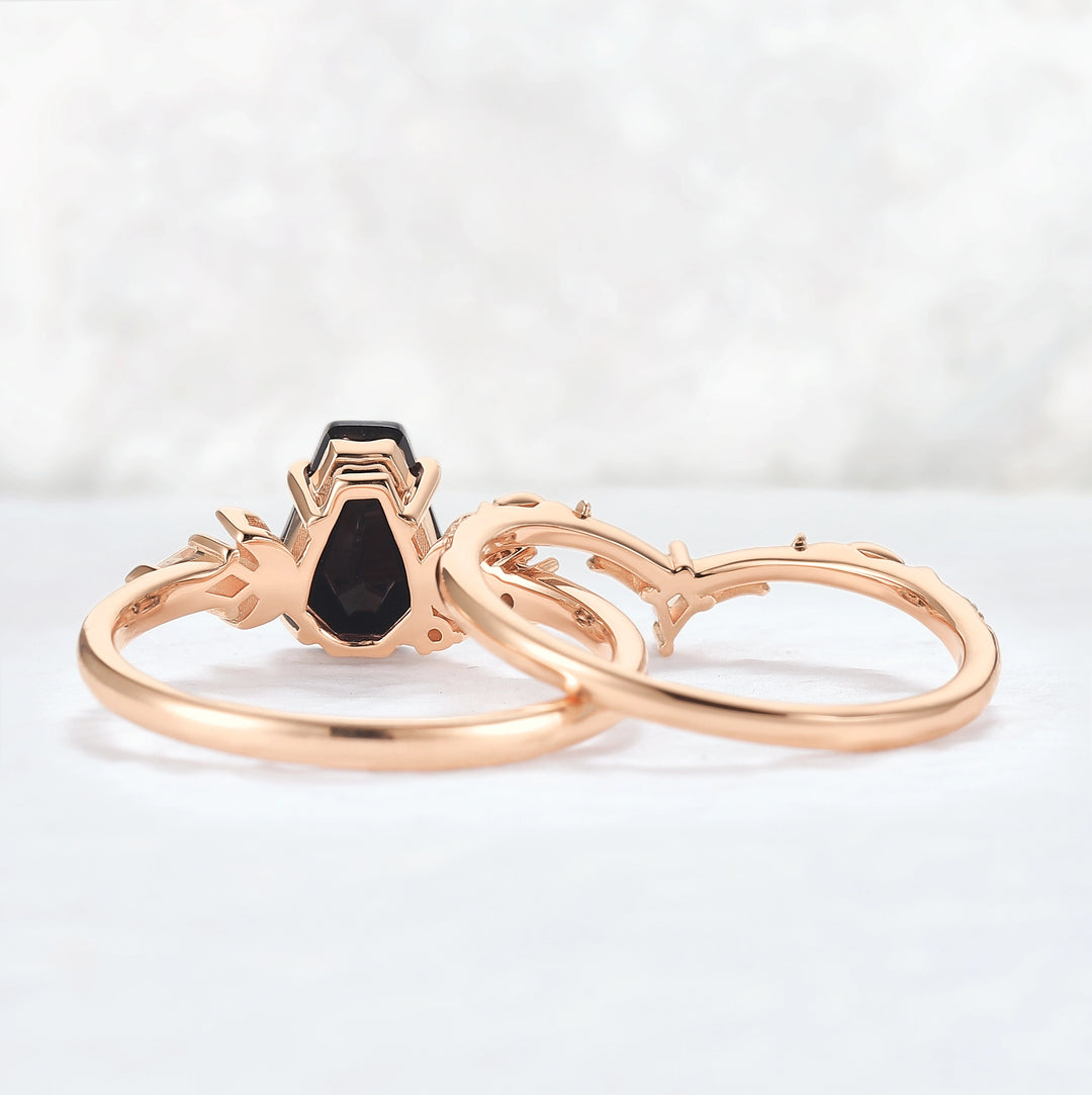Nature Inspired Coffin Shaped Black Onyx Gemspired Ring Set 2pcs