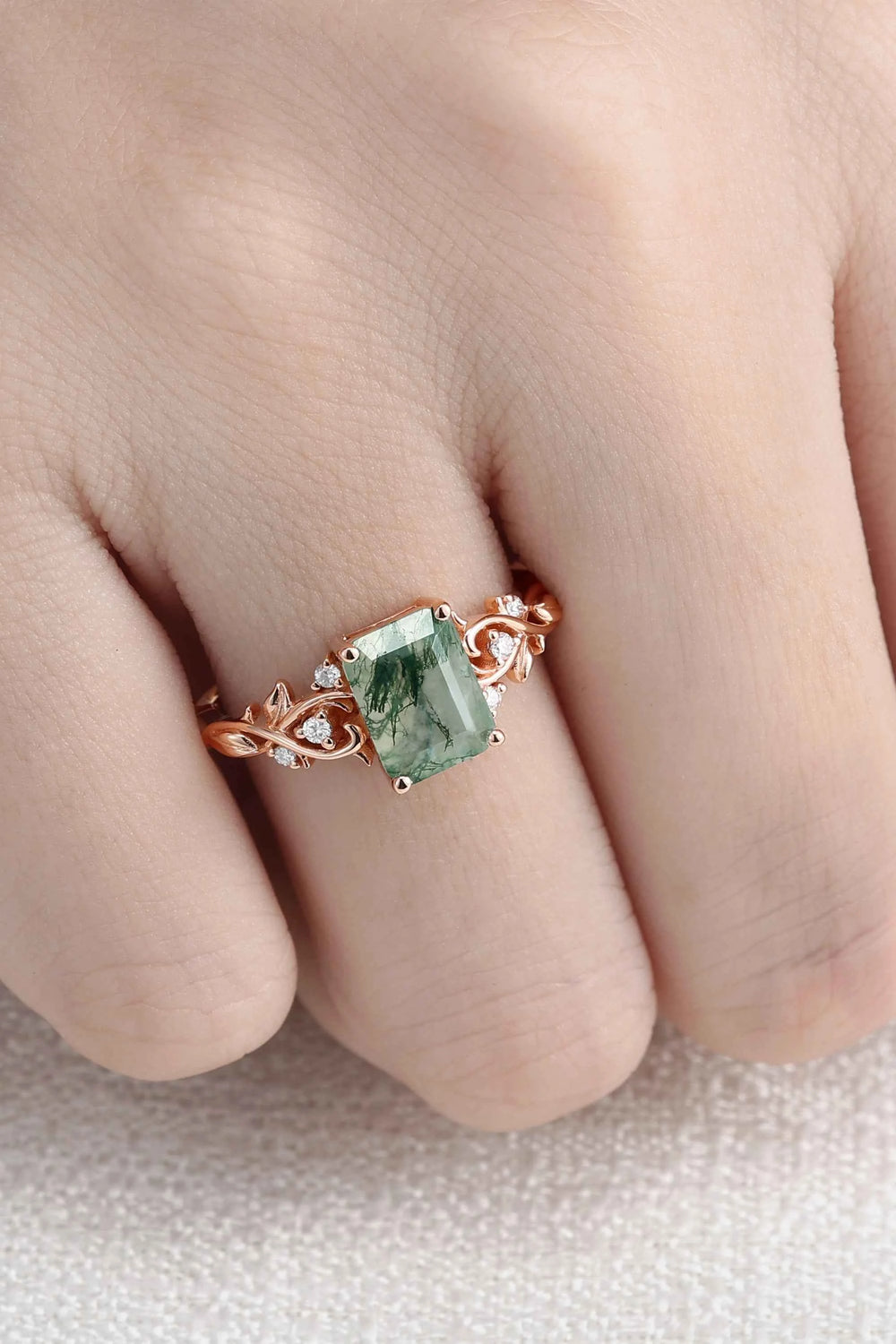 Nature Inspired  Emerald Cut Moss Agate Leafy Engagement Ring