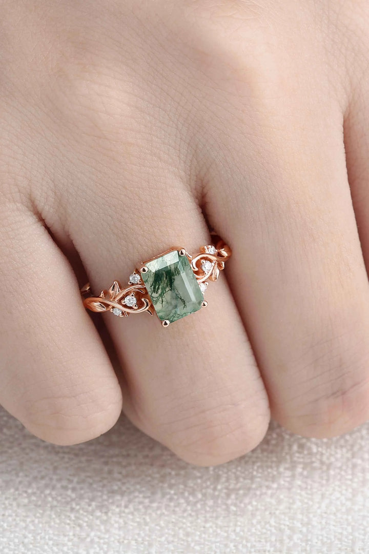 Nature Inspired  Emerald Cut Moss Agate Leafy Engagement Ring
