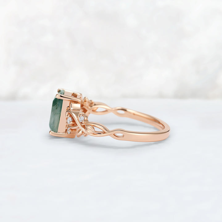 Nature Inspired  Emerald Cut Moss Agate Leafy Engagement Ring