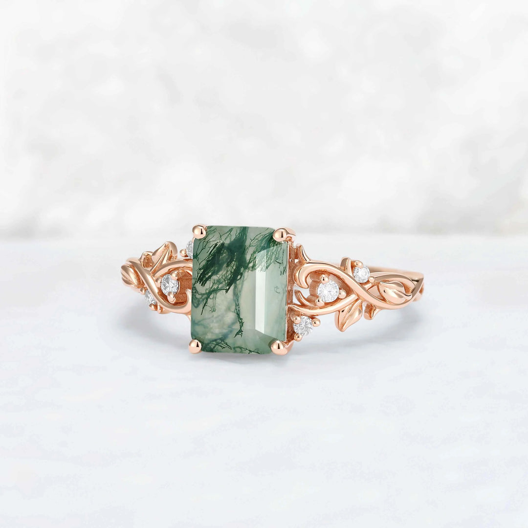 Nature Inspired  Emerald Cut Moss Agate Leafy Engagement Ring