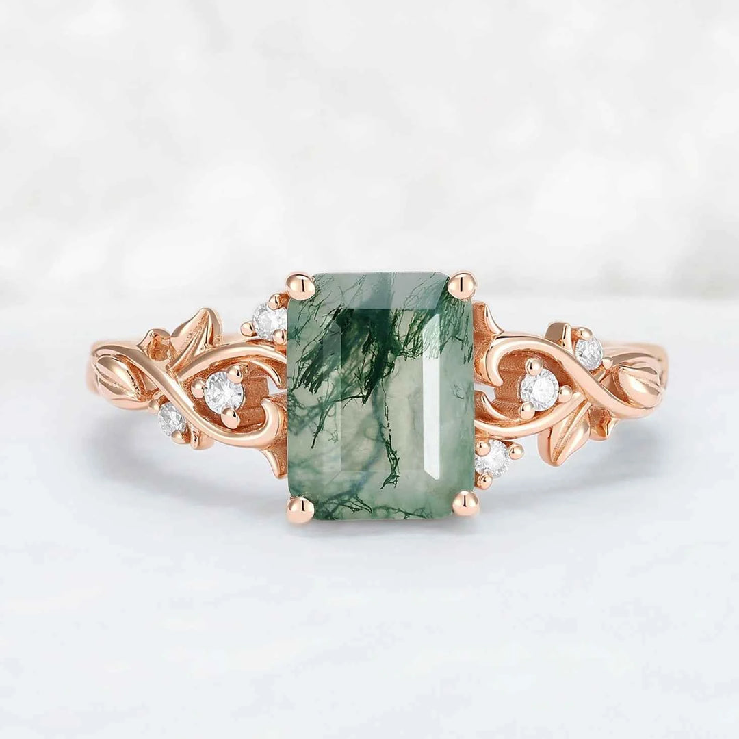 Nature Inspired  Emerald Cut Moss Agate Leafy Engagement Ring