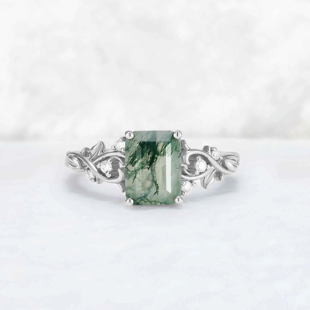 Nature Inspired  Emerald Cut Moss Agate Leafy Engagement Ring