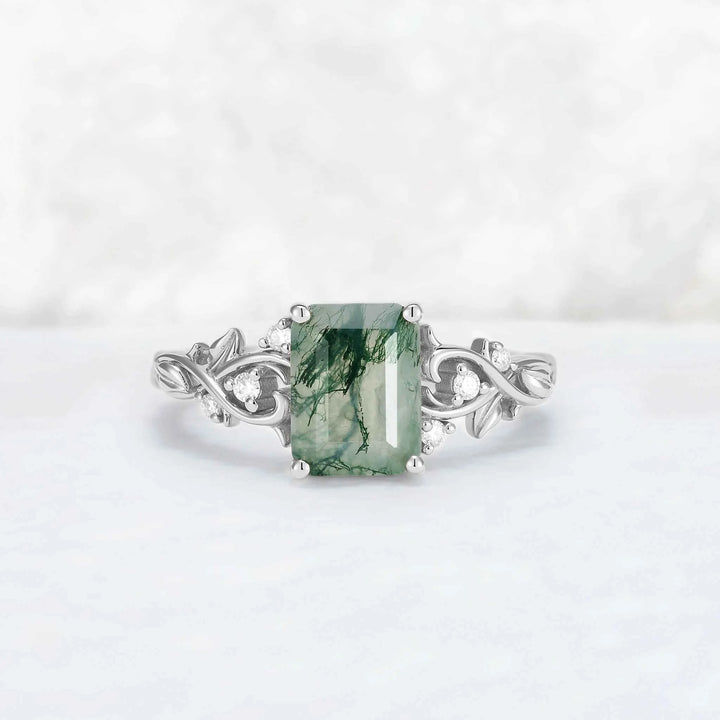 Nature Inspired  Emerald Cut Moss Agate Leafy Engagement Ring