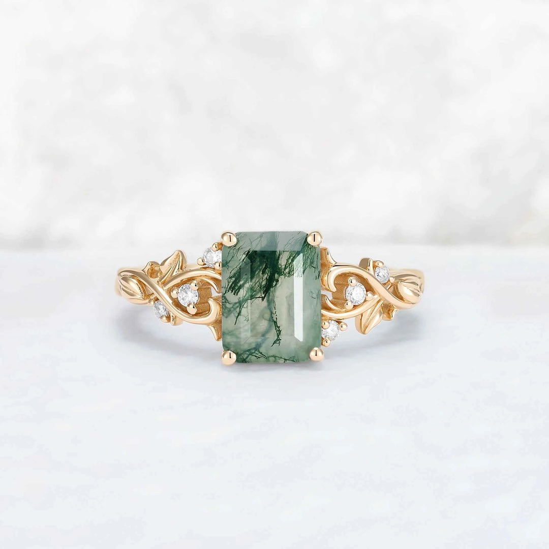 Nature Inspired  Emerald Cut Moss Agate Leafy Engagement Ring