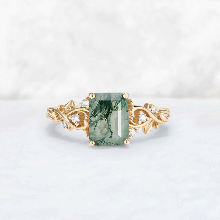 Nature Inspired  Emerald Cut Moss Agate Leafy Engagement Ring