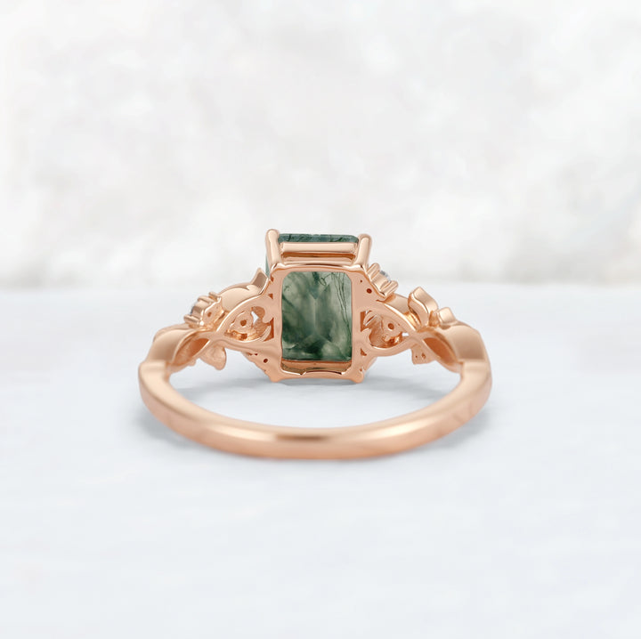 Nature Inspired  Emerald Cut Moss Agate Leafy Engagement Ring