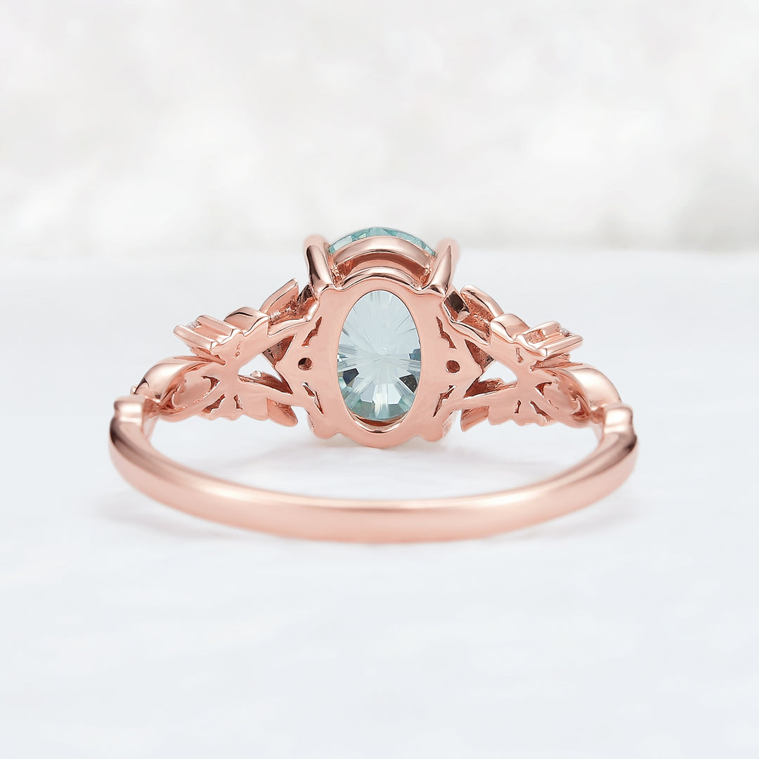 Nature Inspired Fire Cut Oval Aquamarine Leafy Engagement Ring