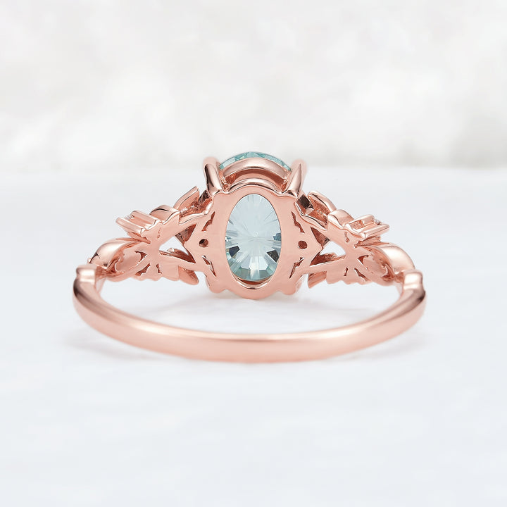Nature Inspired Fire Cut Oval Aquamarine Leafy Engagement Ring