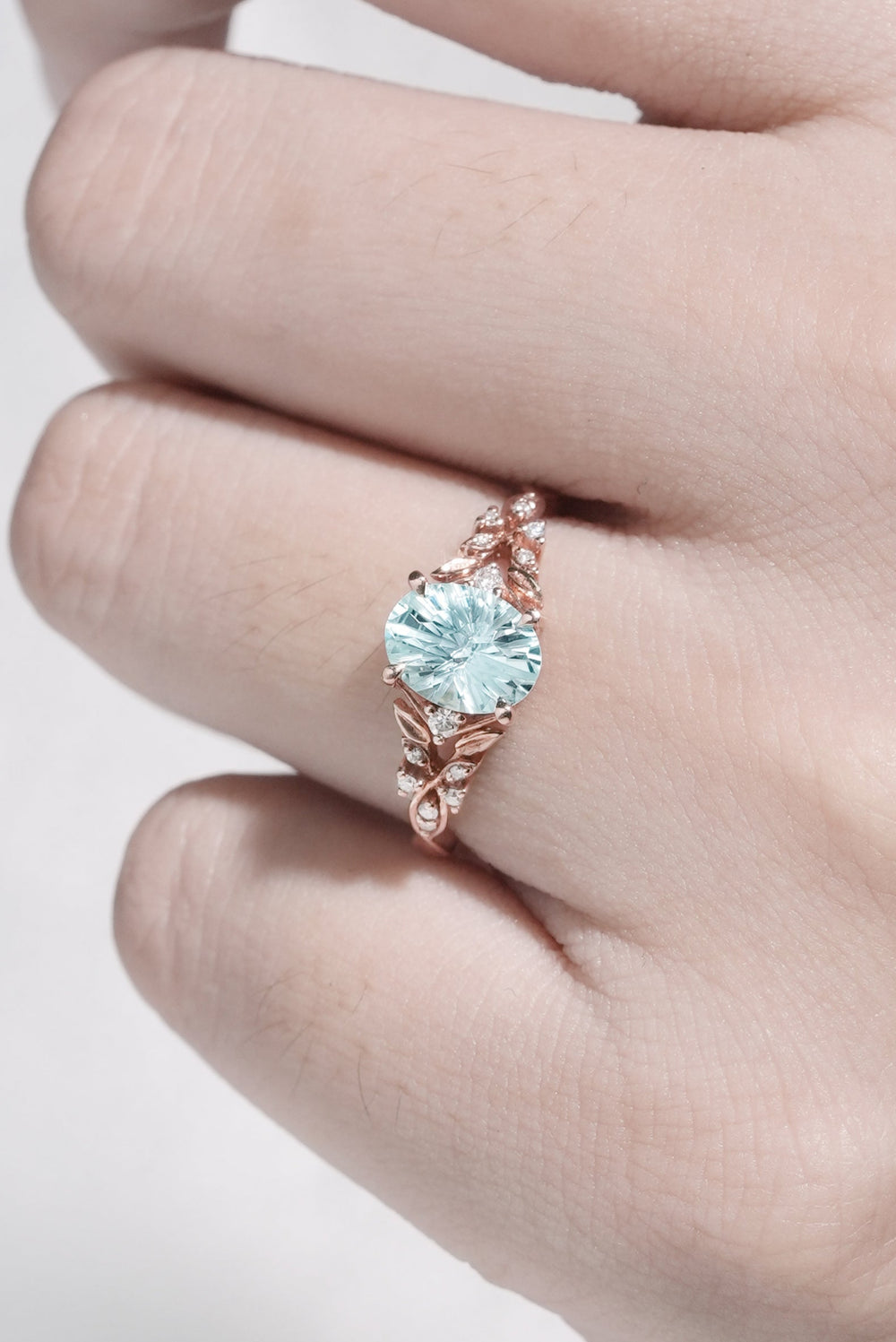 Nature Inspired Fire Cut Oval Aquamarine Leafy Engagement Ring