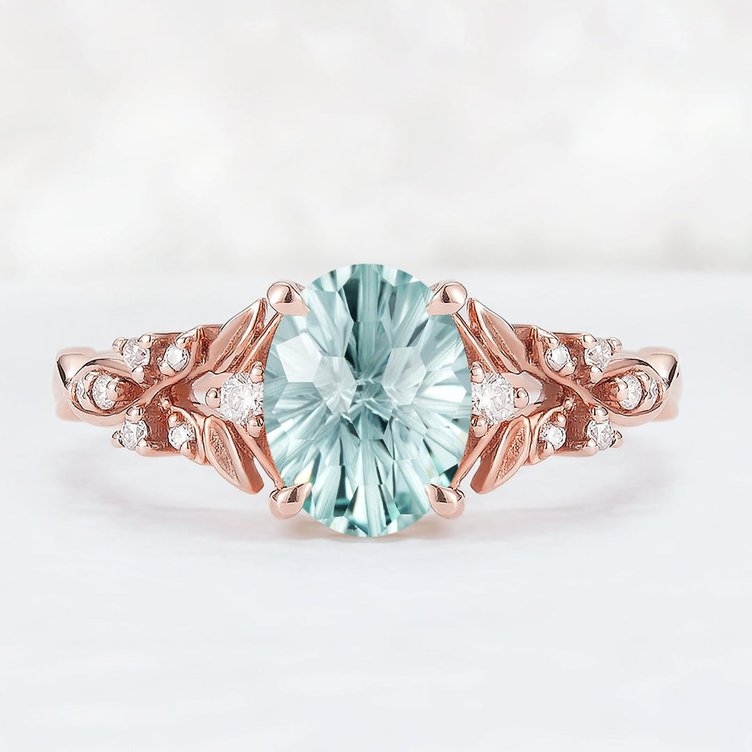 Nature Inspired Fire Cut Oval Aquamarine Leafy Engagement Ring