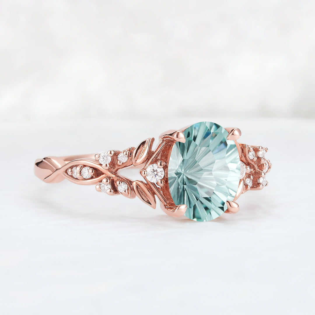 Nature Inspired Fire Cut Oval Aquamarine Leafy Engagement Ring