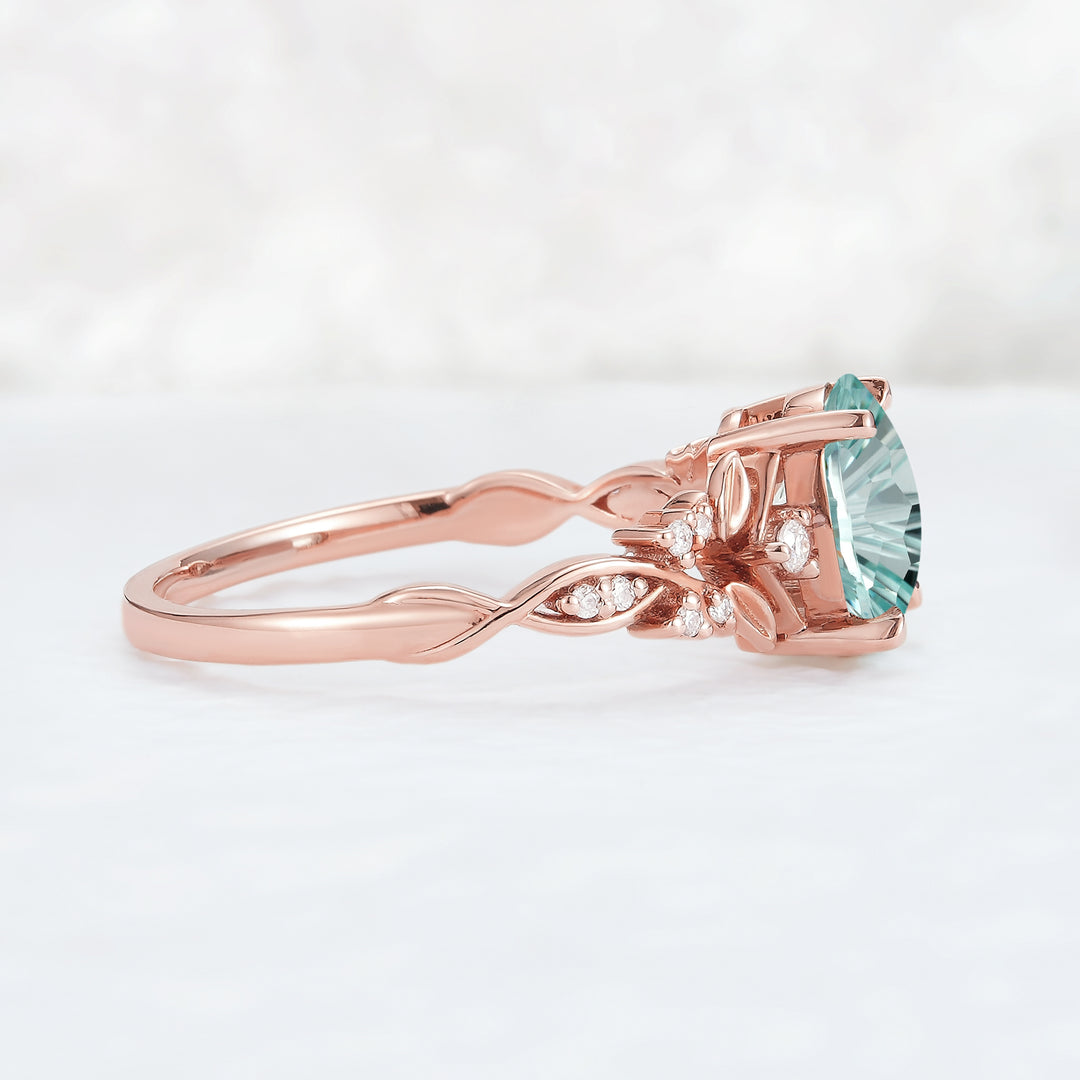 Nature Inspired Fire Cut Oval Aquamarine Leafy Engagement Ring