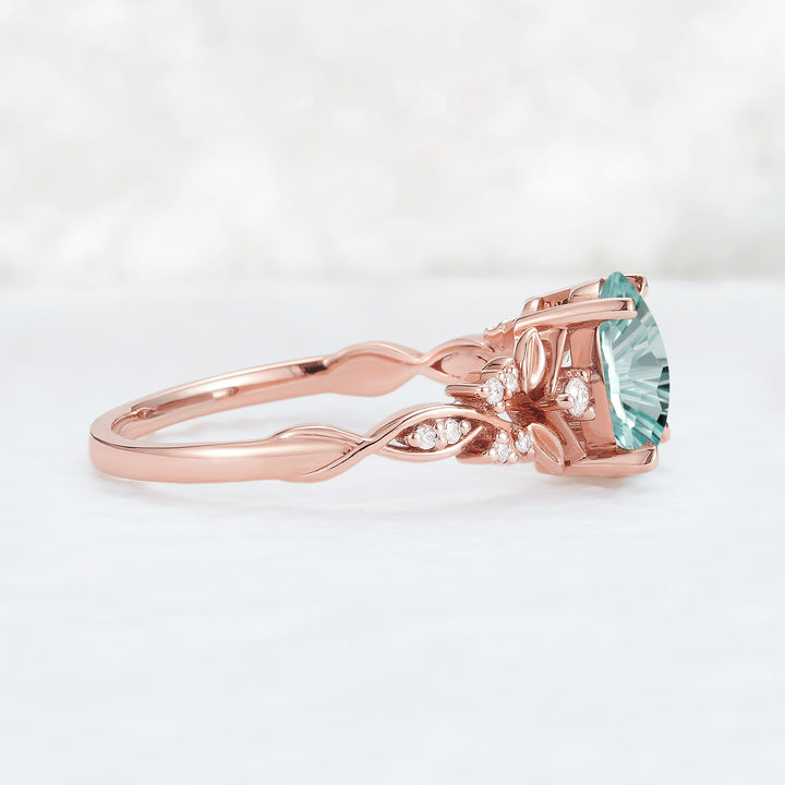 Nature Inspired Fire Cut Oval Aquamarine Leafy Engagement Ring