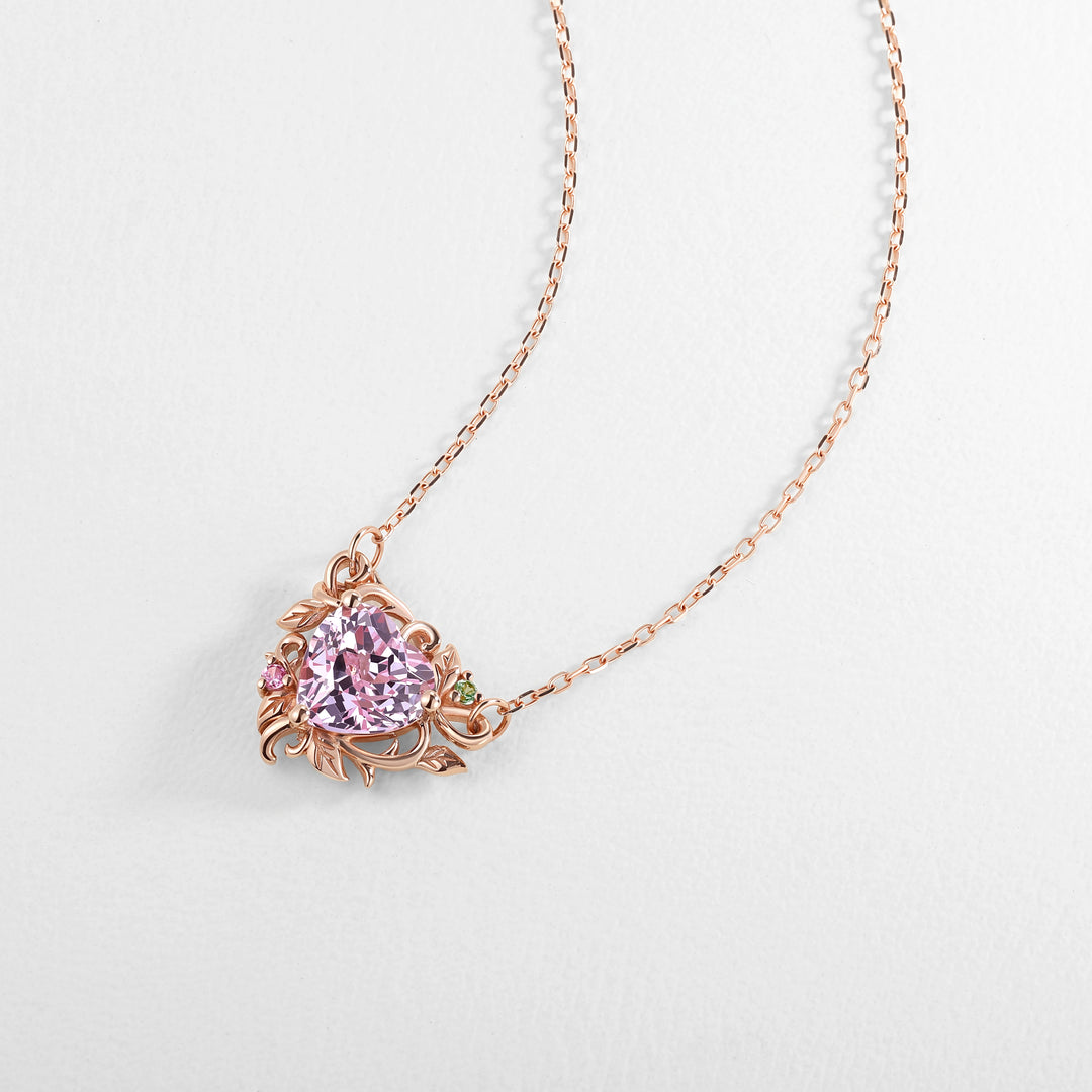 Nature Inspired Heart Cut Lab Pink Sapphire Vine Pendant Necklace