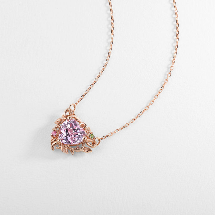 Nature Inspired Heart Cut Lab Pink Sapphire Vine Pendant Necklace