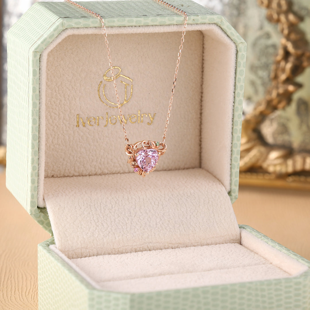 Nature Inspired Heart Cut Lab Pink Sapphire Vine Pendant Necklace